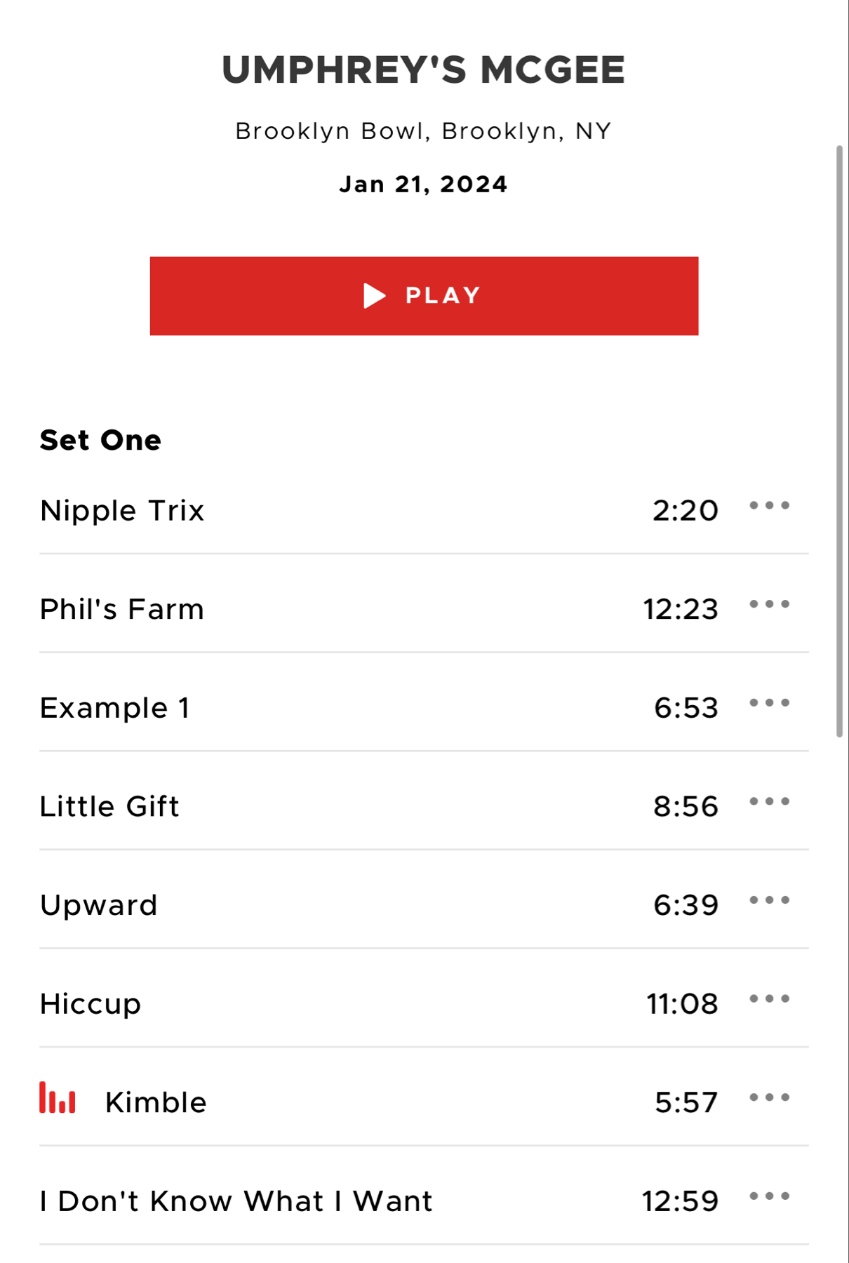The image shows a list of songs from a setlist for the band Umphrey’s McGee at the Brooklyn Bowl in Brooklyn, NY, on January 21, 2024. Each song title is accompanied by its duration, with “Kim