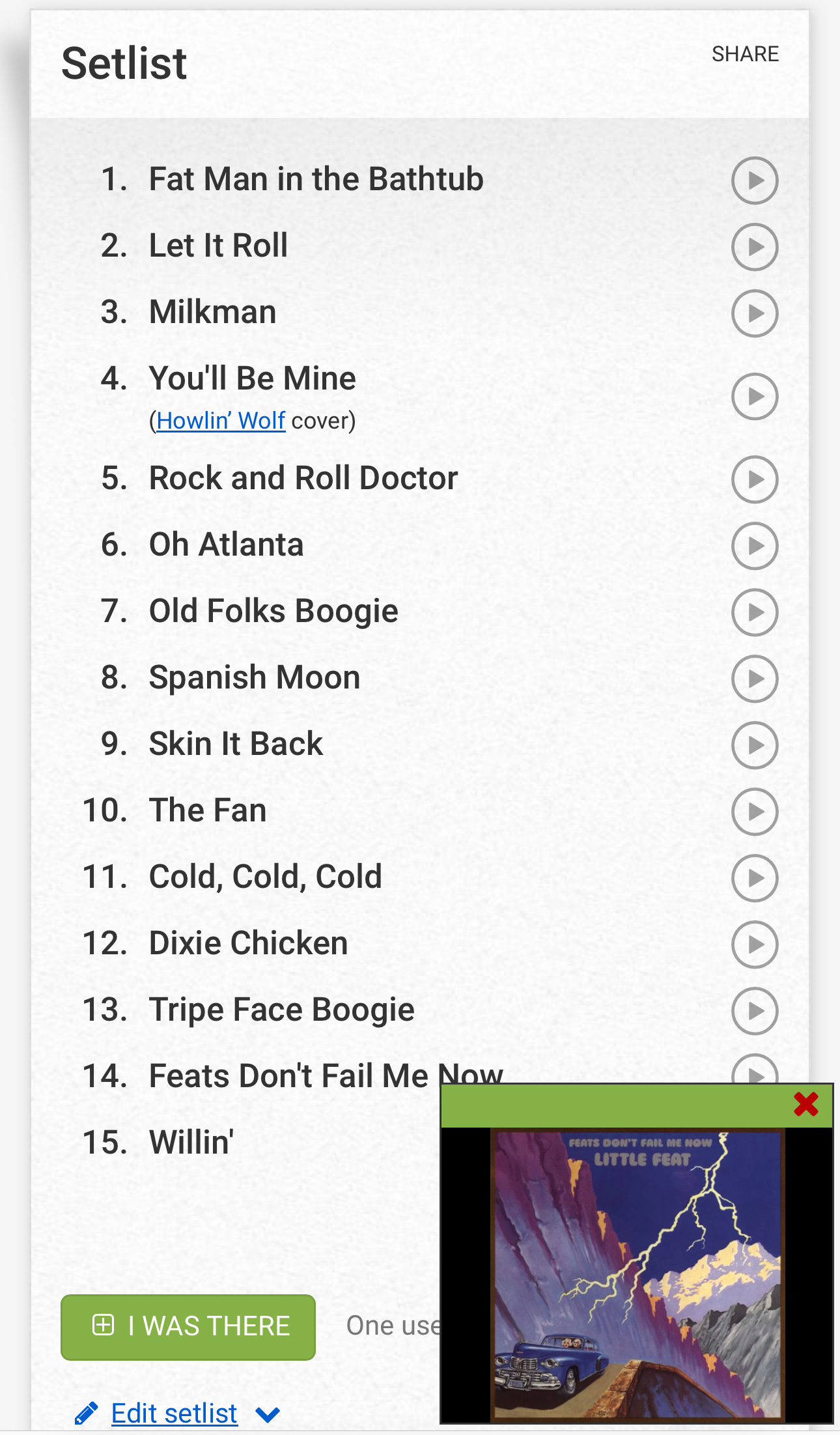 The image shows a concert setlist for a band, featuring 15 songs, with an album cover and buttons for playing each song.