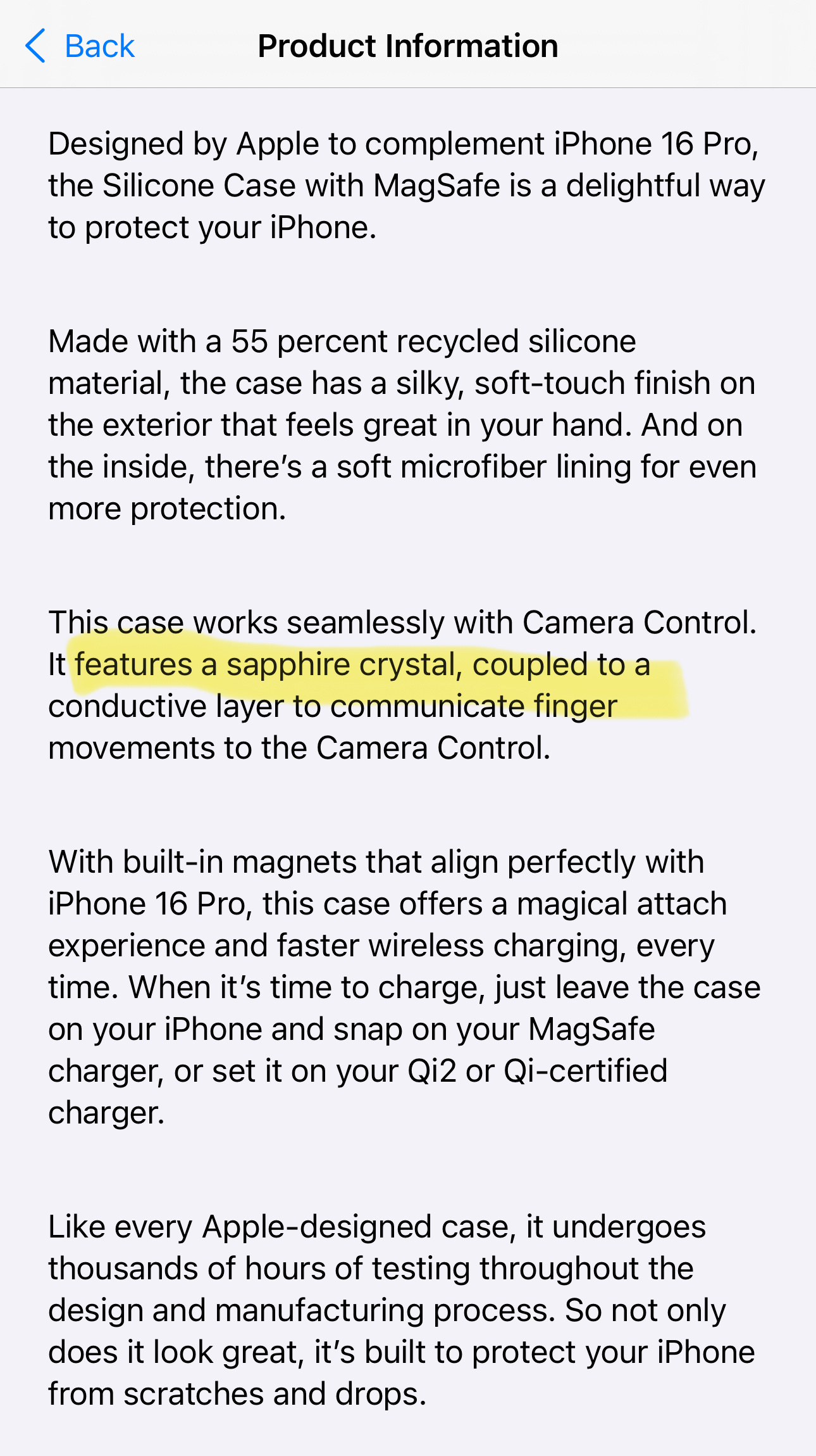 The image shows a product description for a silicone iPhone 16 Pro case with features like a sapphire crystal and MagSafe compatibility.