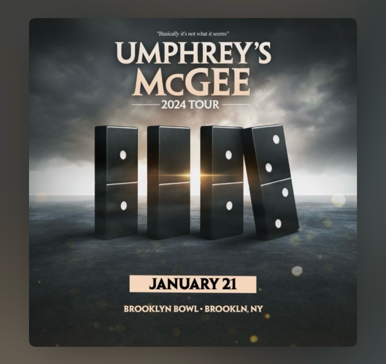 Promotional poster for Umphrey’s McGee 2024 tour featuring three large dominoes with scenic clouds in the background, announcing a concert on January 21 at Brooklyn Bowl, Brooklyn, NY.