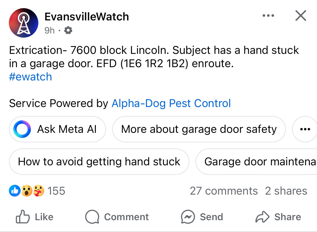 A Facebook post from EvansvilleWatch describes an emergency situation involving a person’s hand stuck in a garage door. Below prompts for: more about garage door safety. How to avoid hand getting stuck. Garage door maintenance