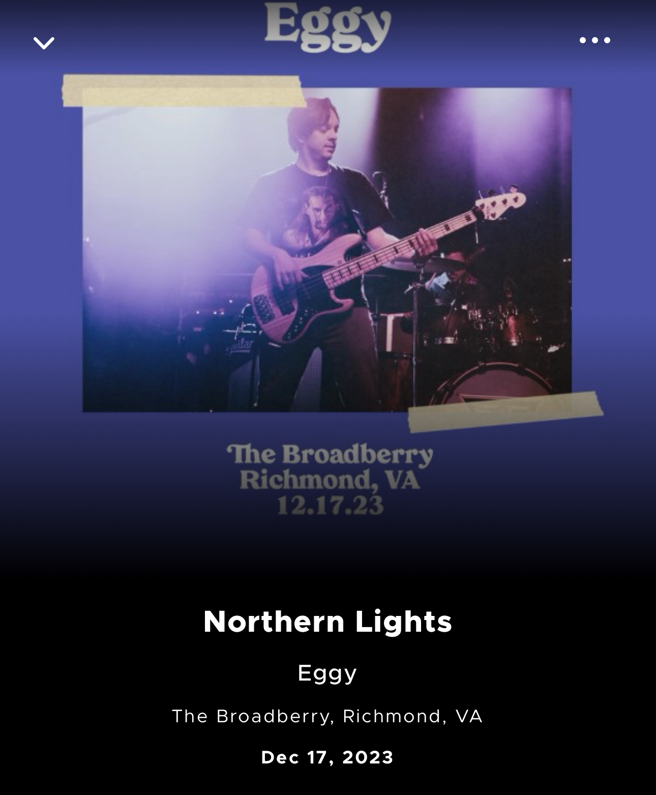 A graphic for a music performance featuring a bass guitarist on stage with the text “Eggy - Northern Lights” above and the location and date “The Broadberry, Richmond, VA - Dec 17, 2023” below.