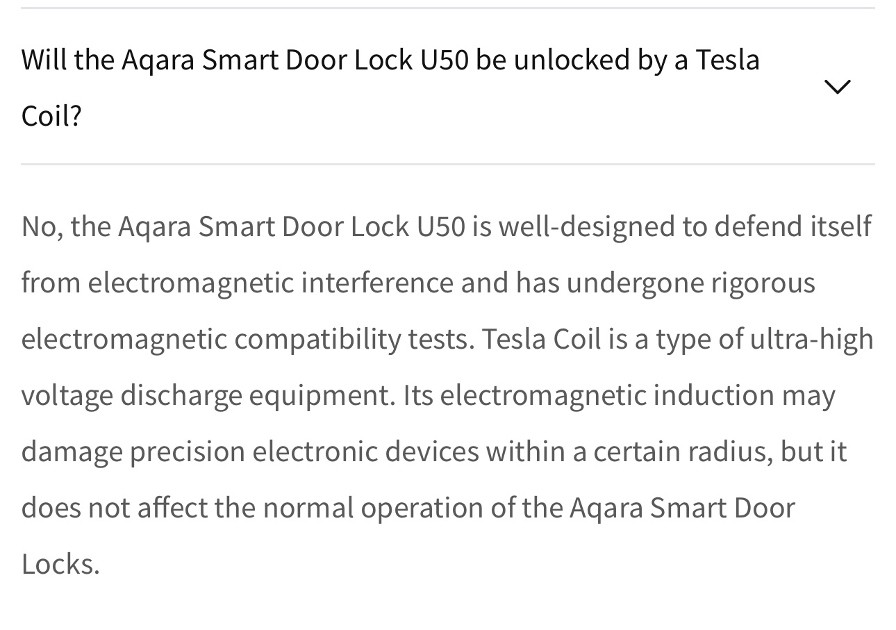 The text explains that the Aqara Smart Door Lock U50 is protected against electromagnetic interference, including that from a Tesla Coil, and will continue to operate normally.