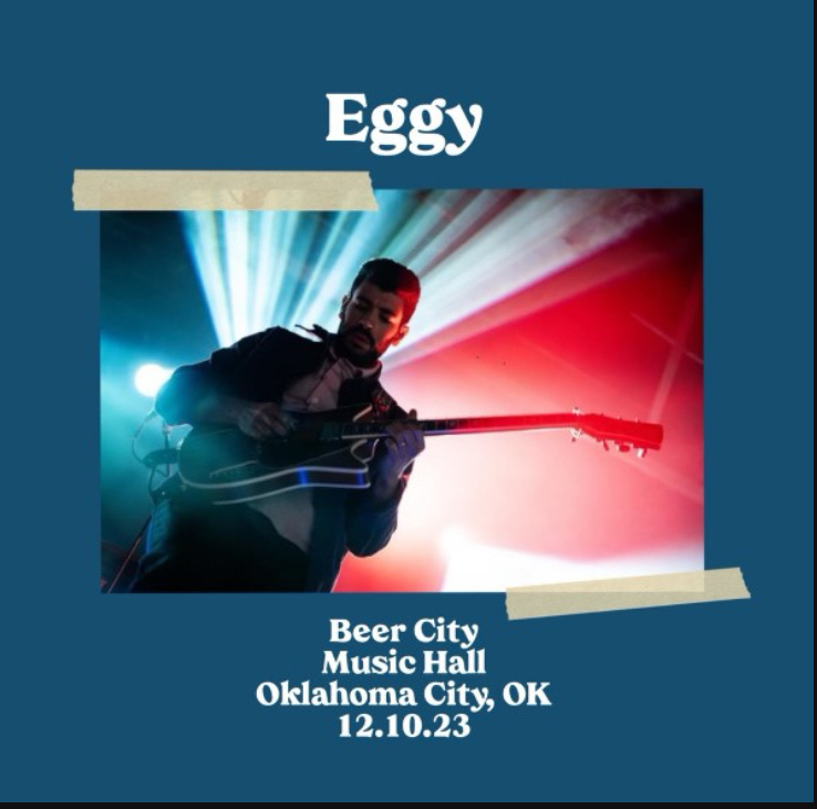 A guitarist performs on stage under dramatic lighting, with event details for Eggy at Beer City Music Hall in Oklahoma City on December 10, 2023, displayed around the image.