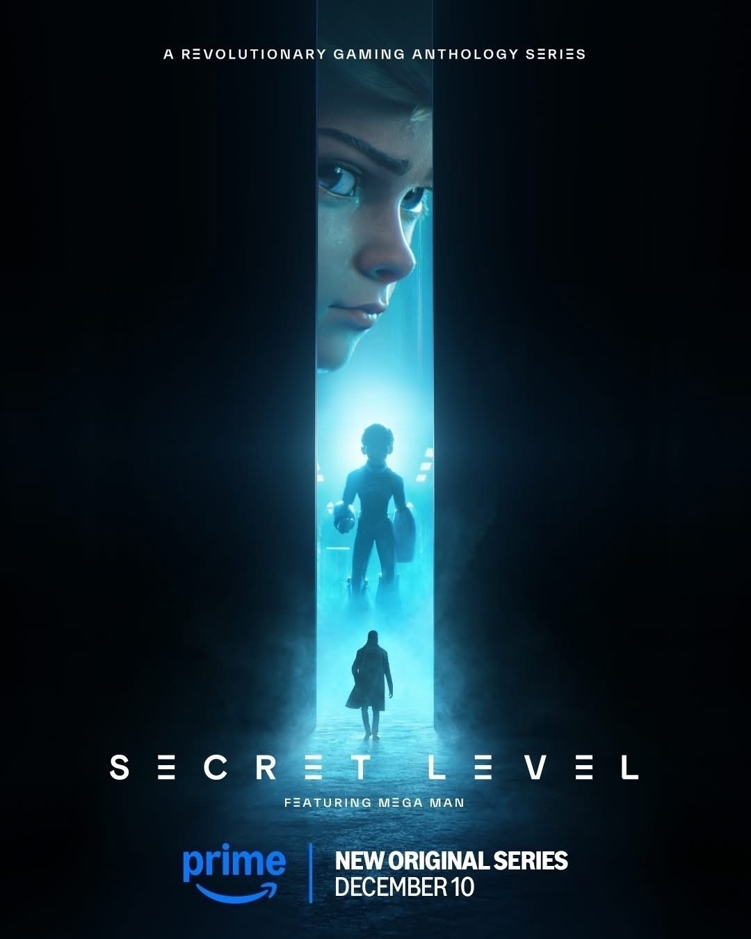 A promotional poster for "Secret Level," a gaming anthology series featuring Mega Man, shows a dramatic vertical beam of light with silhouettes and a character's face.