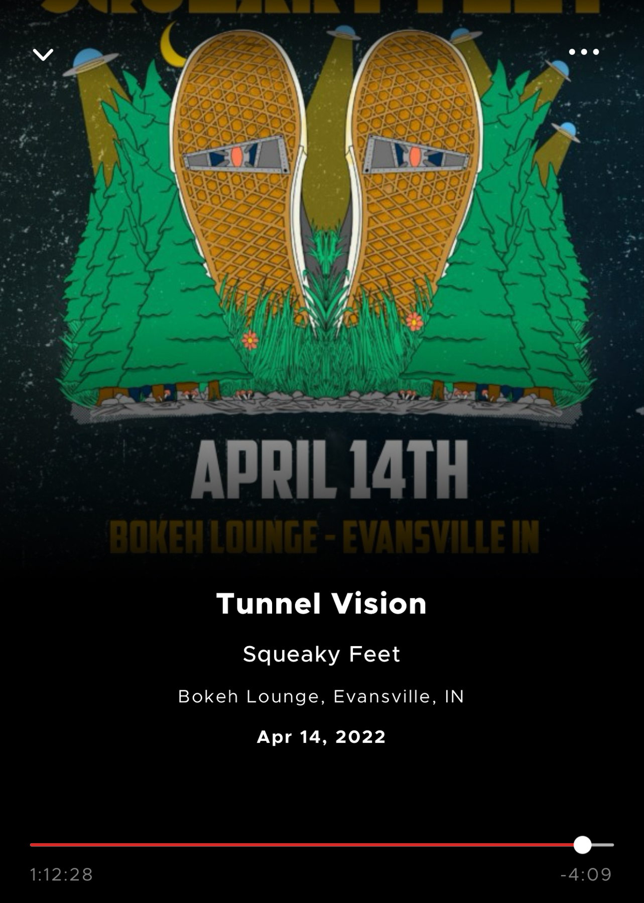 Album artwork for “Tunnel Vision” by Squeaky Feet showing stylized yellow shoes with eyes, surrounded by green trees against a starry night backdrop. Event details for April 14 at Bokeh Lounge, Evansville, IN, are included
