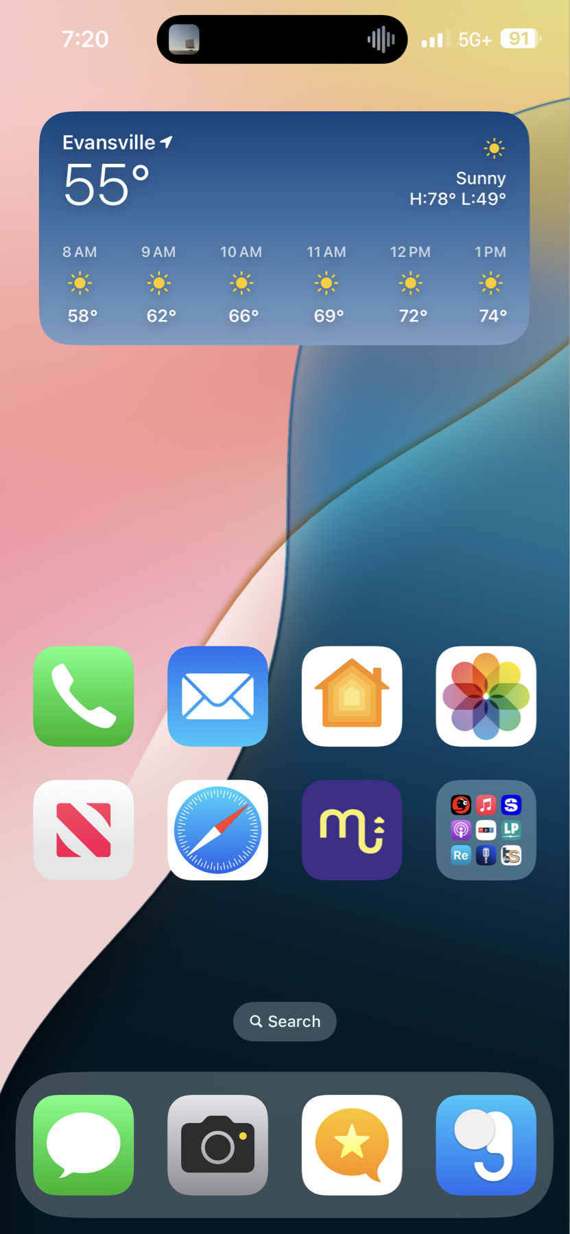 A smartphone home screen displaying time, weather, and various app icons. The time shown is 7:20, and the weather in Evansville is 55°F and sunny. App icons displayed include Phone, Mail, Home, Photos, News,