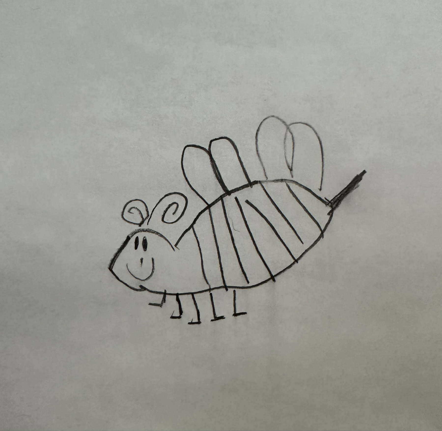 A hand-drawn sketch of a whimsical, cartoon-like bee with striped body and stylized wings.