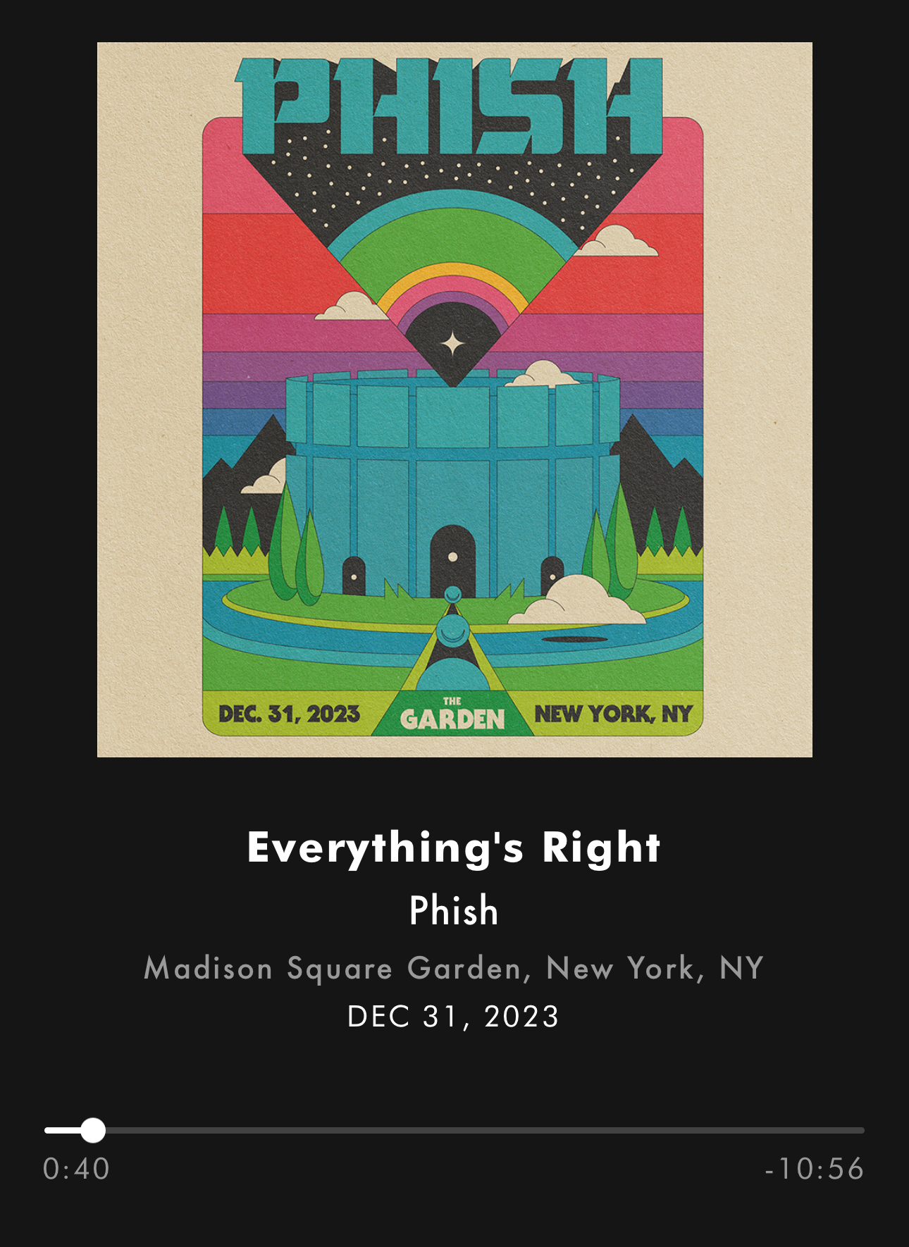The image is a stylized concert poster for the band Phish, depicting a retro graphic design with the band’s name at the top in large block letters, colorful stripes and a rainbow emerging from a central triangular prism. 12/31/23 MSG