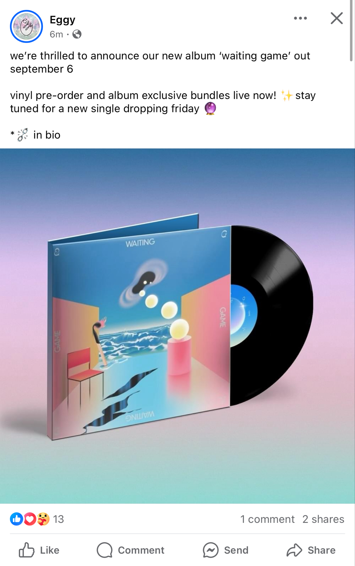 A social media post by a user named Eggy announces their new album “Waiting Game,” set to release on September 6. The post includes details about vinyl pre-orders and album bundles, and previews a new single release on Friday. The attached image