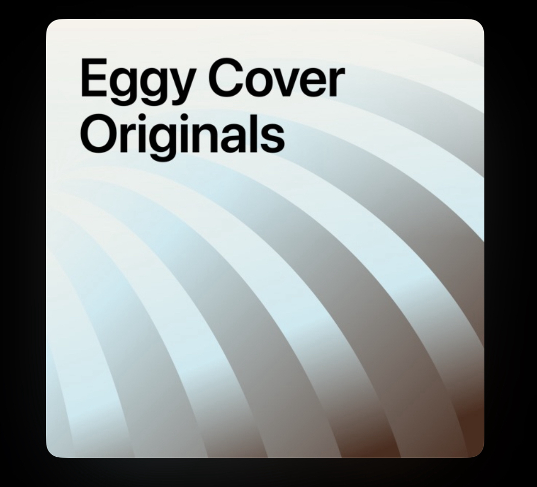 The image shows a graphic design with the text “Eggy Cover Originals” overlaying a background consisting of white and light blue curved lines creating a three-dimensional wave effect. The design is enclosed within a rounded rectangle shape.