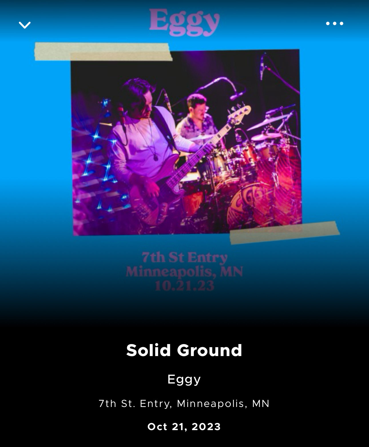 An event promotion image featuring a band named Eggy performing on stage with details for a concert at 7th St Entry, Minneapolis, MN on October 21, 2023. The album title “Solid Ground” and artist name “Eg