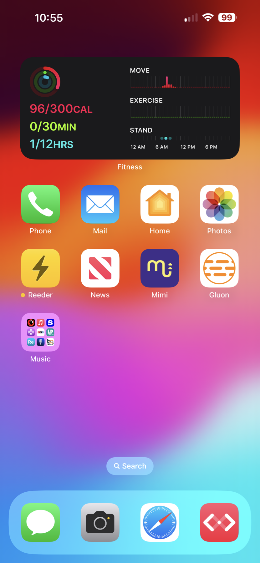The image shows a smartphone home screen with a bright gradient background. At the top, the time is 10:55 and the battery is 99%. There is a fitness widget displaying activity stats: Move (96/300 CAL), Exercise (0