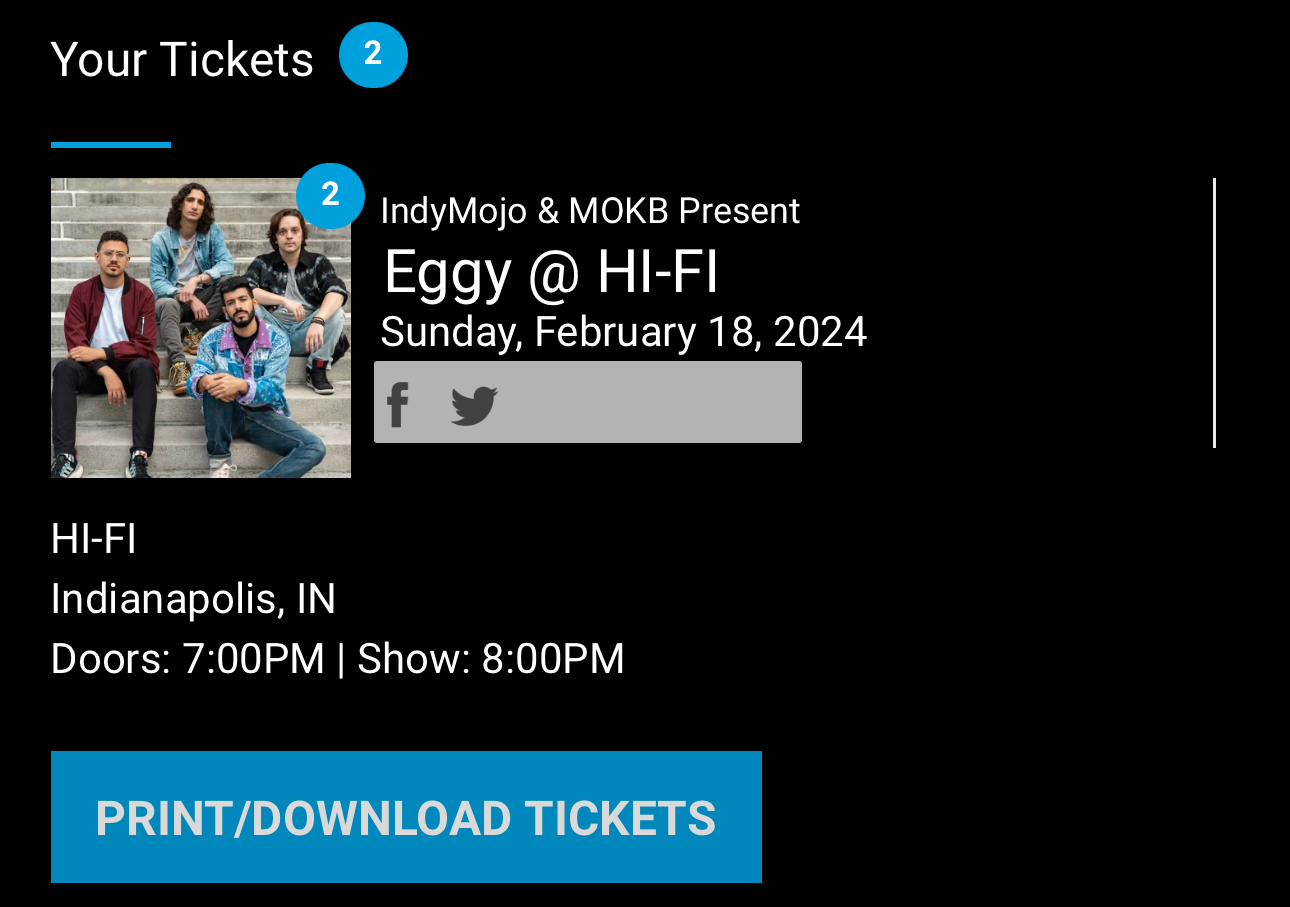 The image displays an electronic ticket for an event. It shows a group photo of four individuals sitting on steps, indicative of a band or music group. Text on the ticket reads “IndyMojo & MOKB Present Eggy @ HI-F