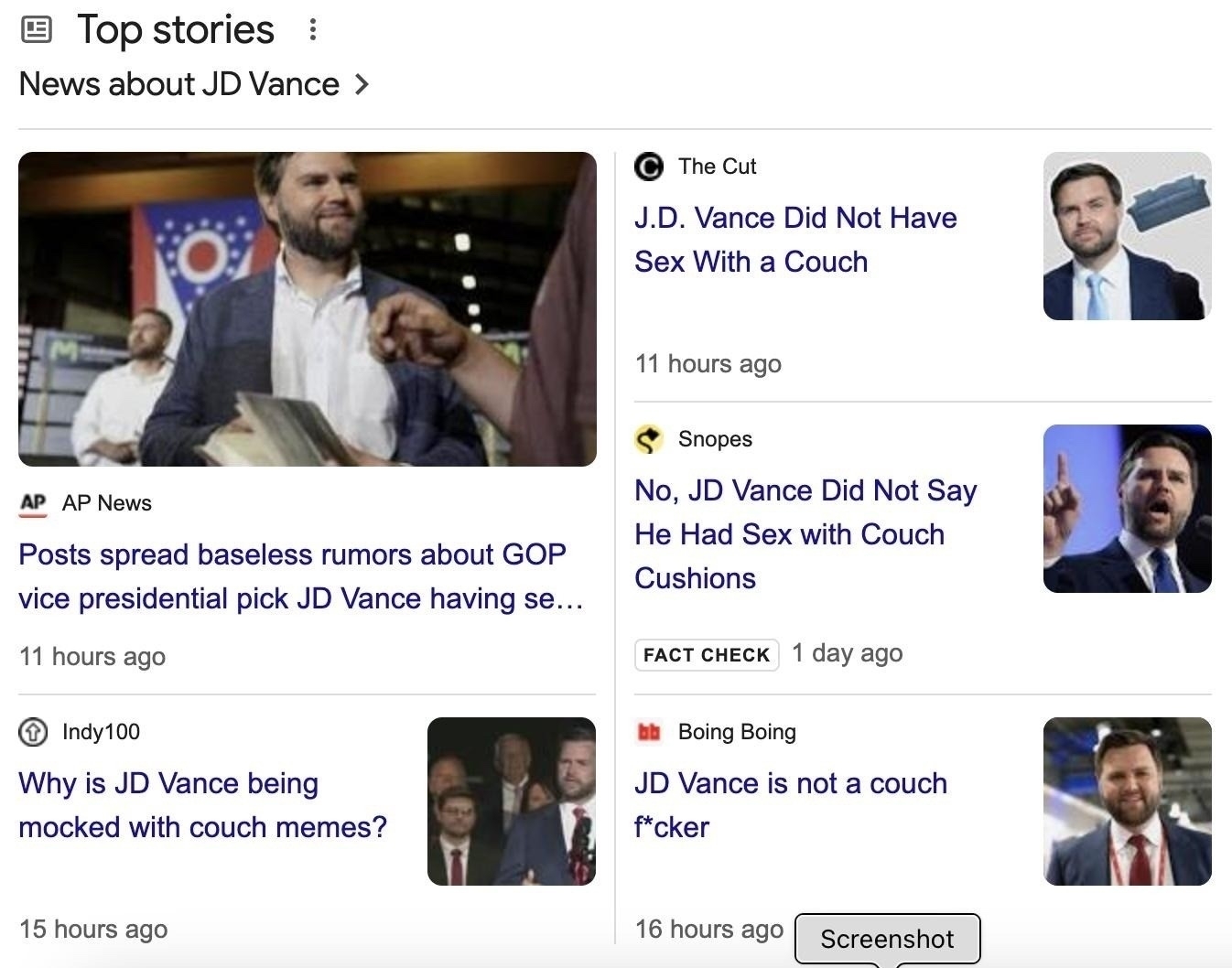 The image shows a collection of news articles and headlines about JD Vance, focusing on various claims and memes related to him and a couch.
