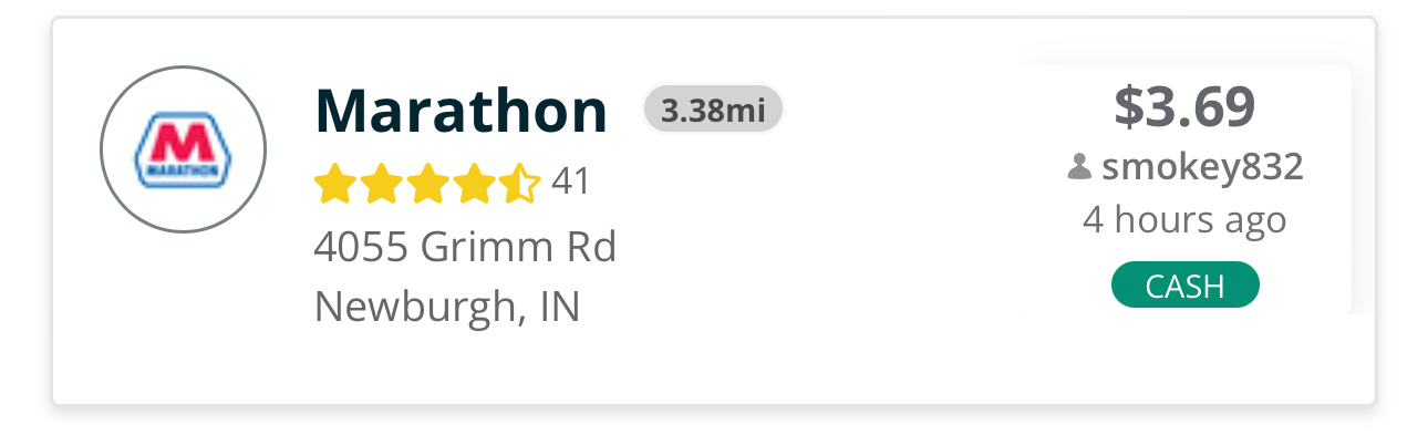 A screenshot displaying information about a Marathon gas station, including its logo, a four-star rating with 41 reviews, its address at 4055 Grimm Rd, Newburgh, IN, and a price update showing $3.69 for gas reported by