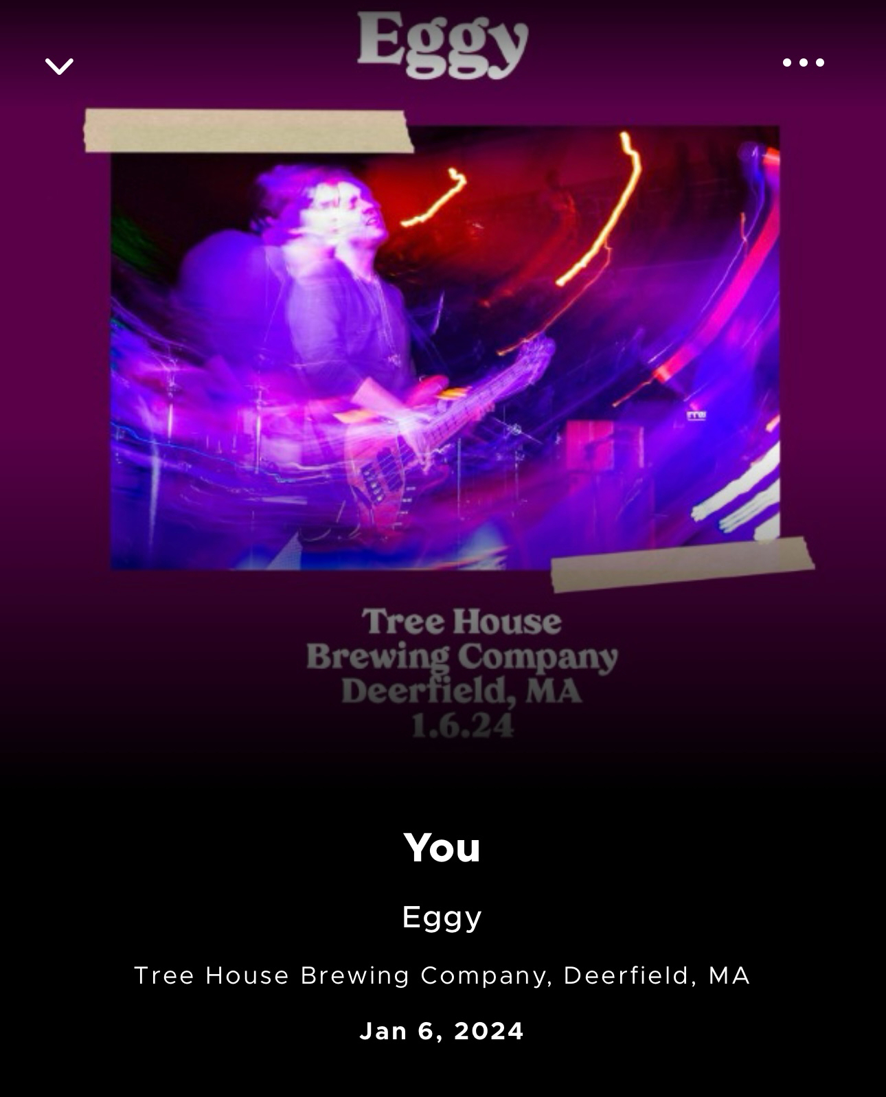 Concert poster with a blurred image of a person playing a bass guitar, purple and blue stage lighting, with text “Eggy” at the top, the name of the artist or band. Additional text reveals the event location “Tree House Brewing