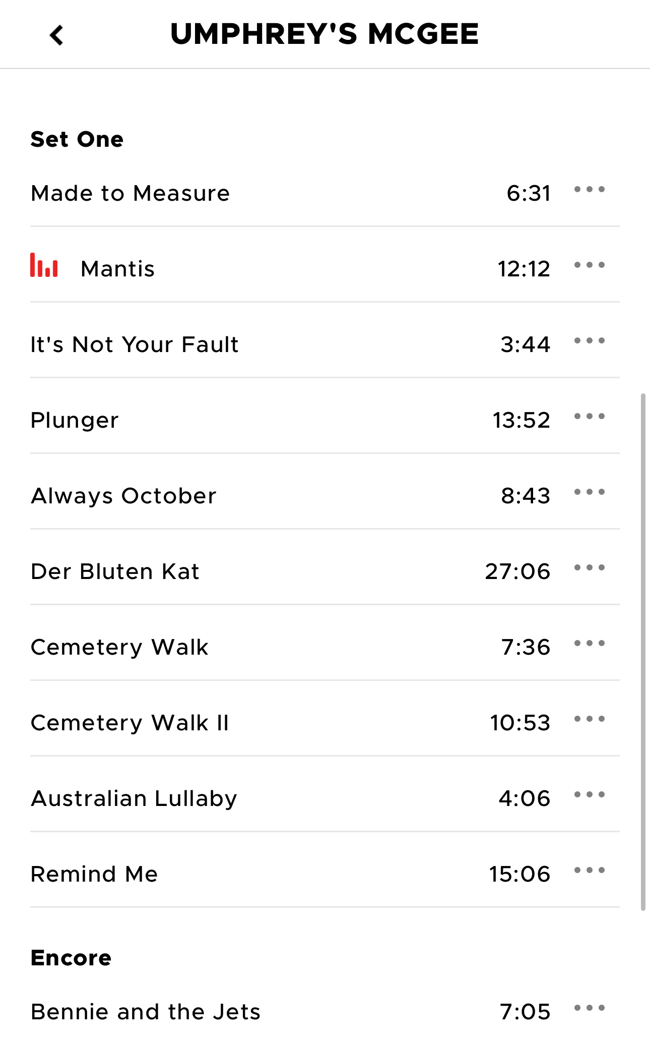 A music playlist featuring songs from "Umphrey's McGee" is shown with their durations.