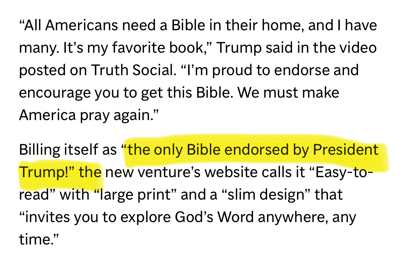 Highlight of article showing “the only Bible enforced by President Trump”