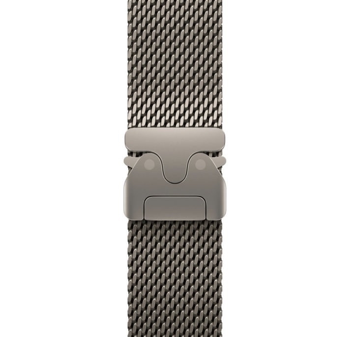 A metallic mesh watch band features a sleek, modern clasp design.