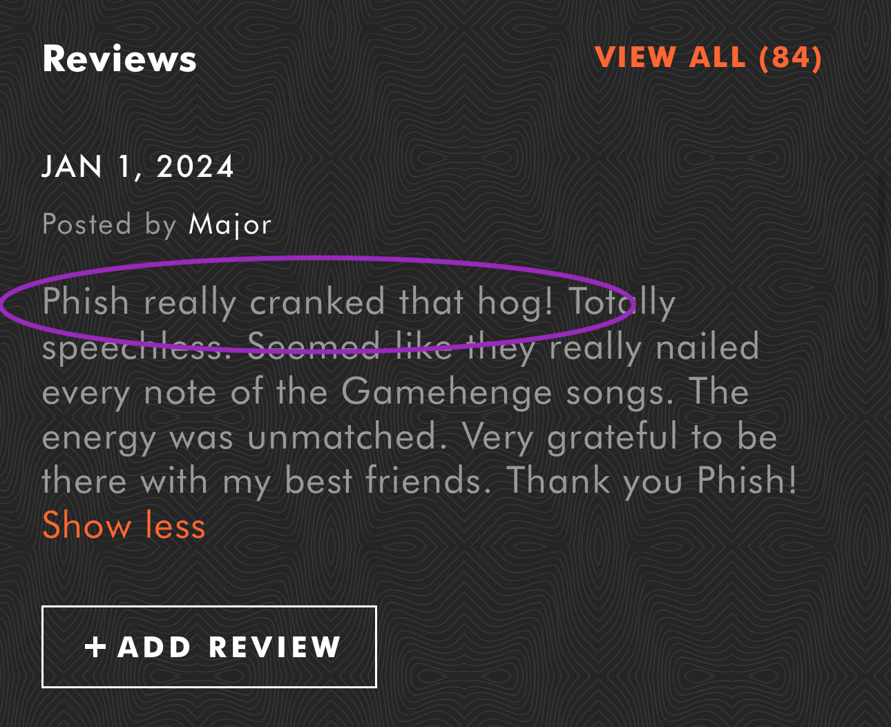 The image shows a screenshot of a section titled “Reviews” with the option to “VIEW ALL (84)” reviews. It includes a highlighted review posted on “JAN 1, 2024” by someone named “Major.” 