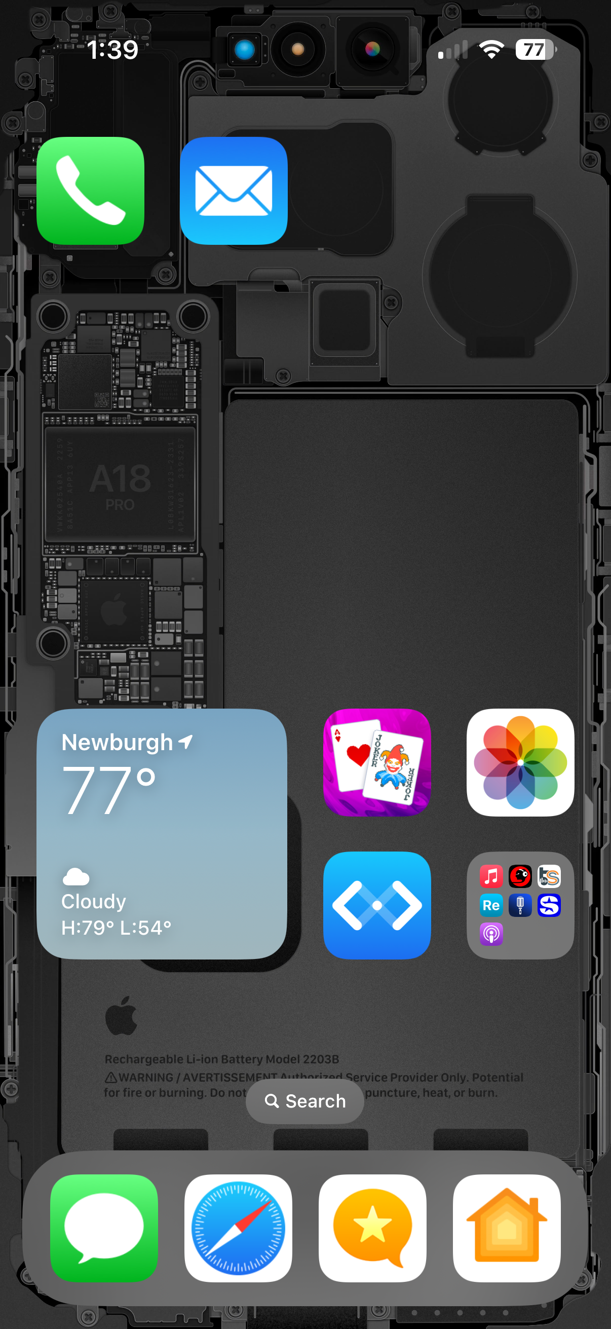 A smartphone home screen displays apps and a weather widget overlaid on an X-ray style background of the phone's internal components.