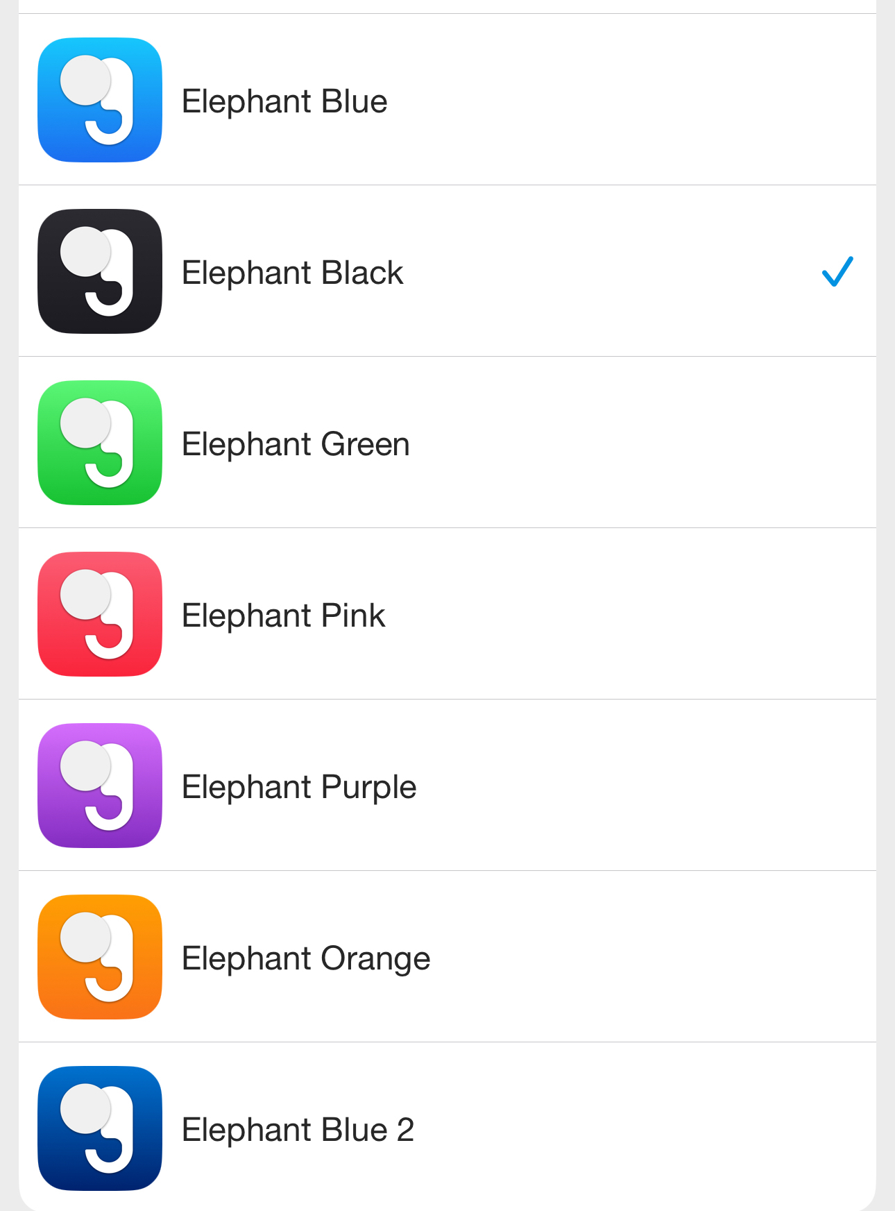 The image shows a list of app icons with the name “Elephant” followed by different color names such as Blue, Black, Green, Pink, Purple, Orange, and Blue 2. Each icon has a silhouette of an elephant’s head and