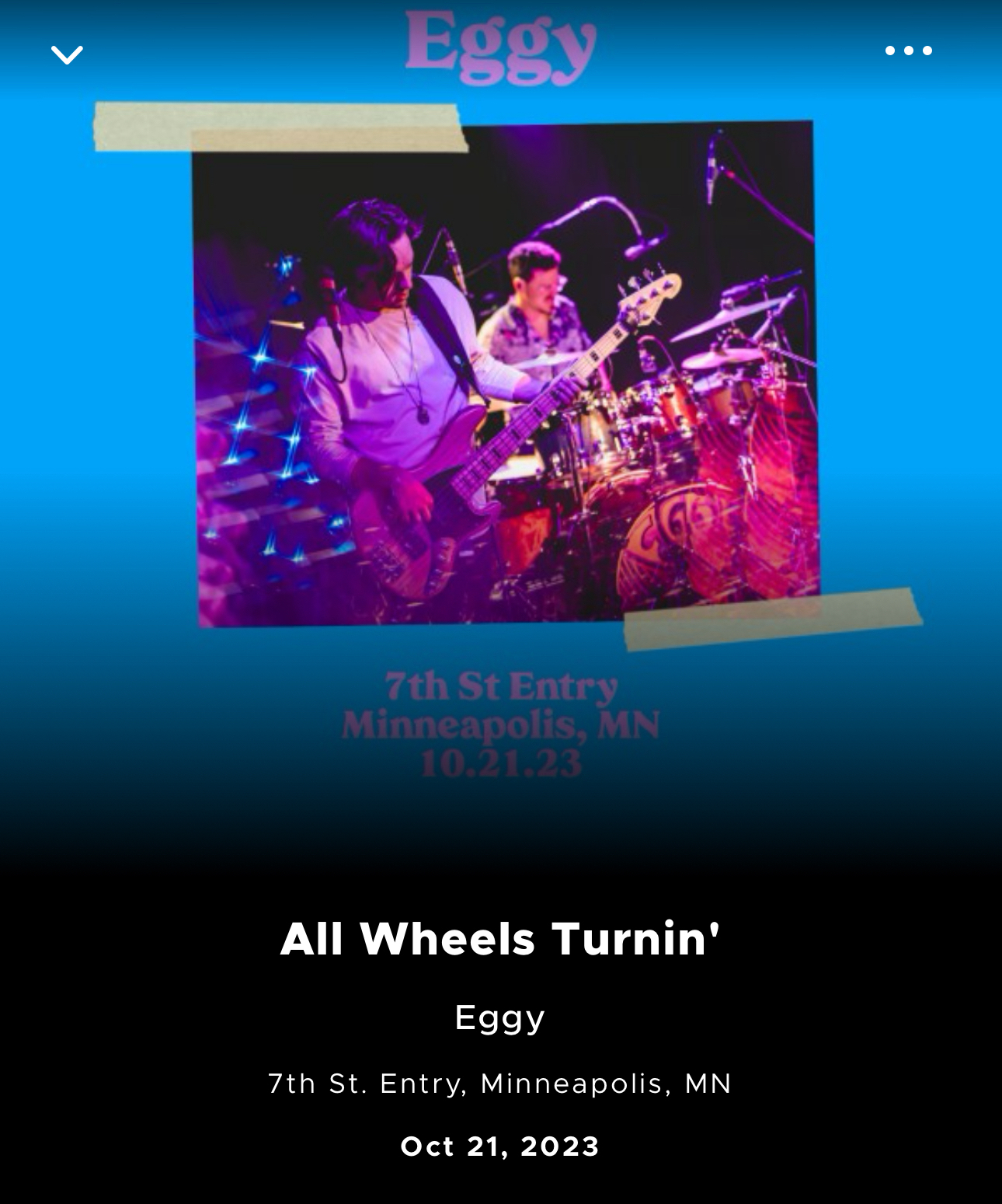 Promotional image for a music performance by the band Eggy, showing two band members on stage with a bass guitar and drums, set for October 21, 2023, at 7th St. Entry in Minneapolis, MN. The event