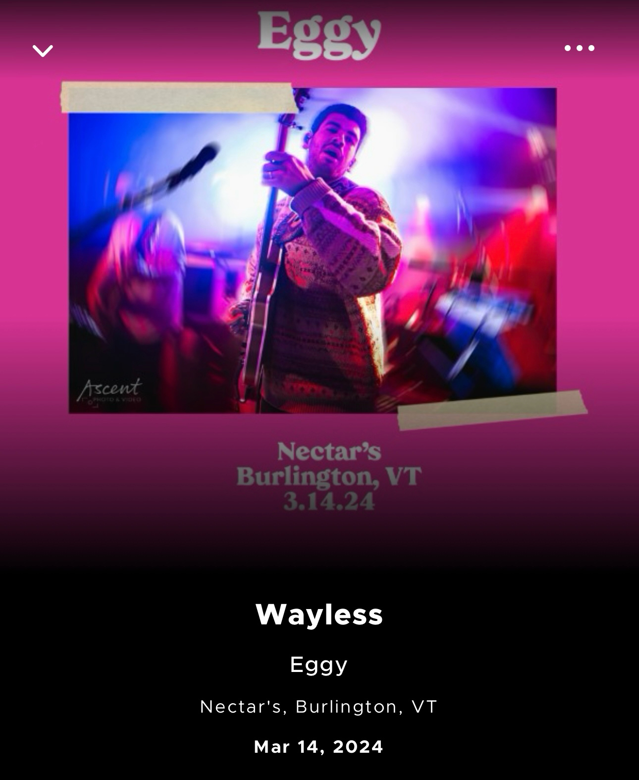 Promotional music event poster for the band Eggy at Nectar’s in Burlington, VT on March 14, 2024, with an image of a musician playing a guitar on stage, surrounded by colorful stage lighting.