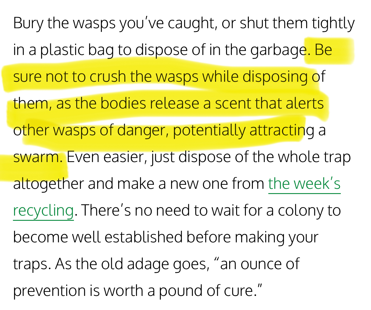 Text excerpt with highlighted portions discussing the disposal of caught wasps, cautioning not to crush them to avoid releasing a scent that could attract more wasps, and suggesting the disposal of the whole trap made from recycled materials.