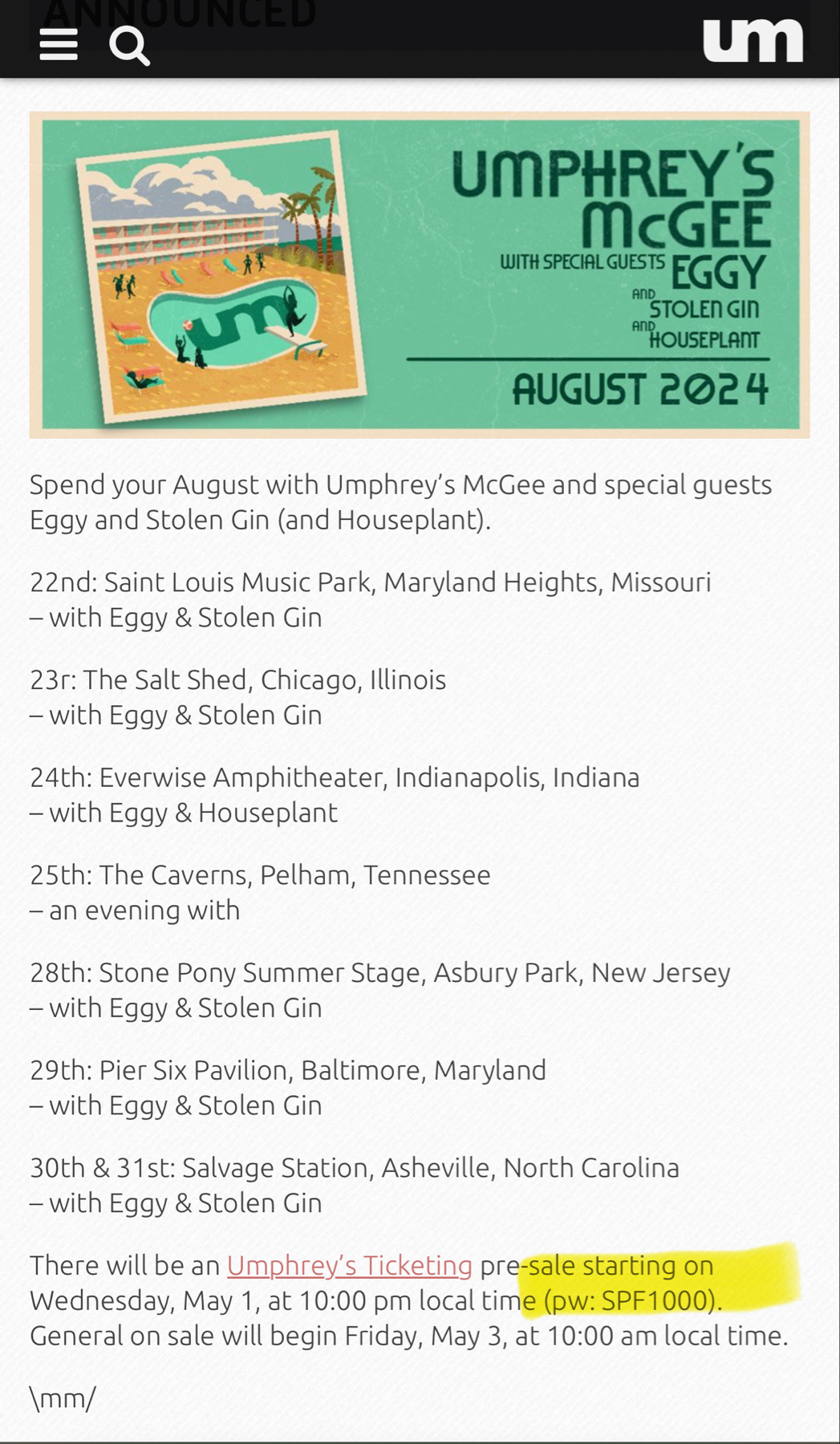 The image shows a concert announcement for Umphrey’s McGee with special guests Eggy, Stolen Gin, and Houseplant in August 2024. The dates and venues of the concerts are listed, with cities including St. Louis and Indianapolis. 