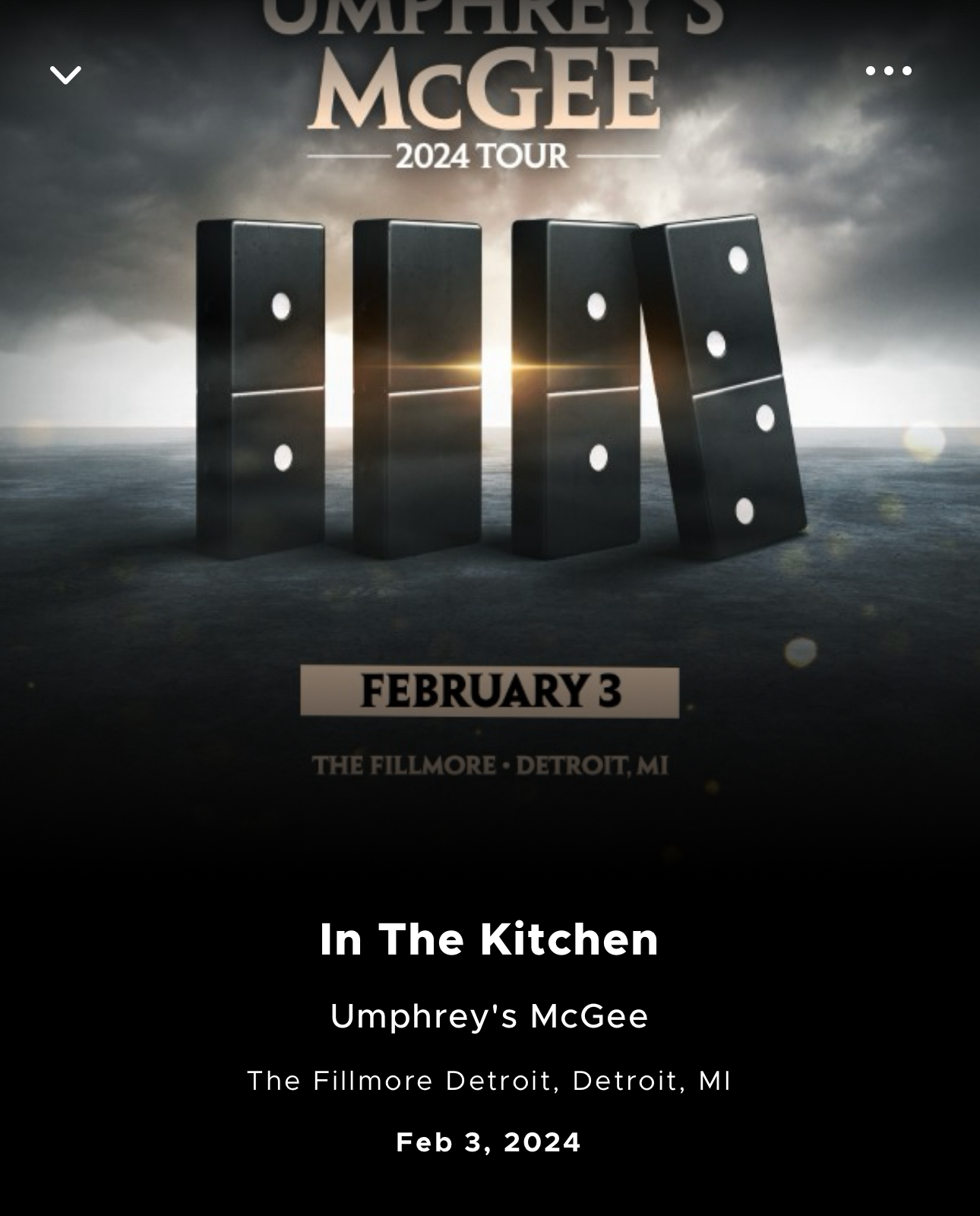 Promotional image for the Umphrey’s McGee 2024 Tour featuring three domino pieces against a dramatic sky backdrop with the date February 3 at The Fillmore Detroit, MI, and the title “In The Kitchen.