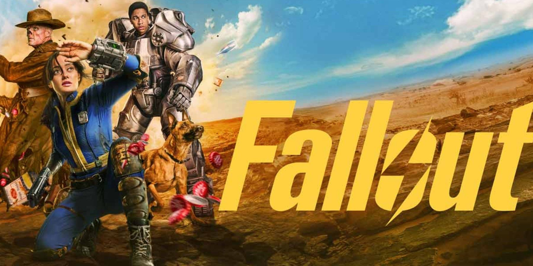 Promotional artwork for the video game “Fallout” featuring various characters, including a man in armor, a woman in a blue jumpsuit holding a gun and shielding her eyes, a dog, and a person in a hat in the background, set