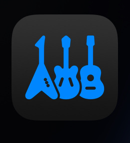 A black square icon features blue silhouettes of three different guitars.