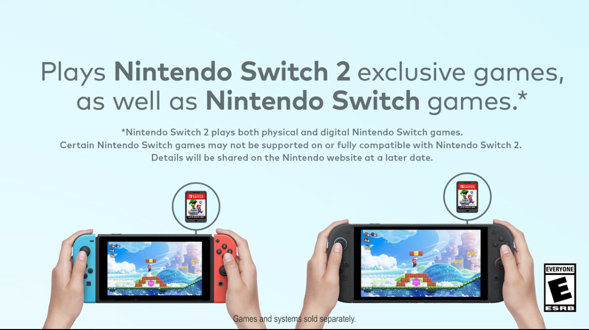 A promotional image showcases the Nintendo Switch 2, highlighting its compatibility with both exclusive and original Nintendo Switch games.