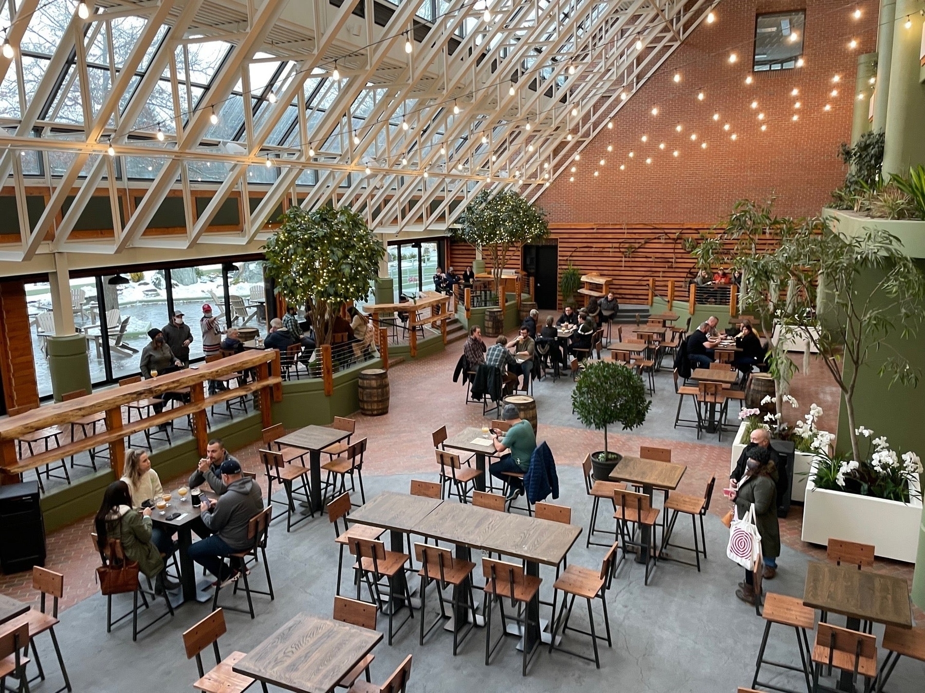 A spacious, airy cafeteria with a glass ceiling features numerous seating areas and several people dining and socializing in Treehouse Brewing.