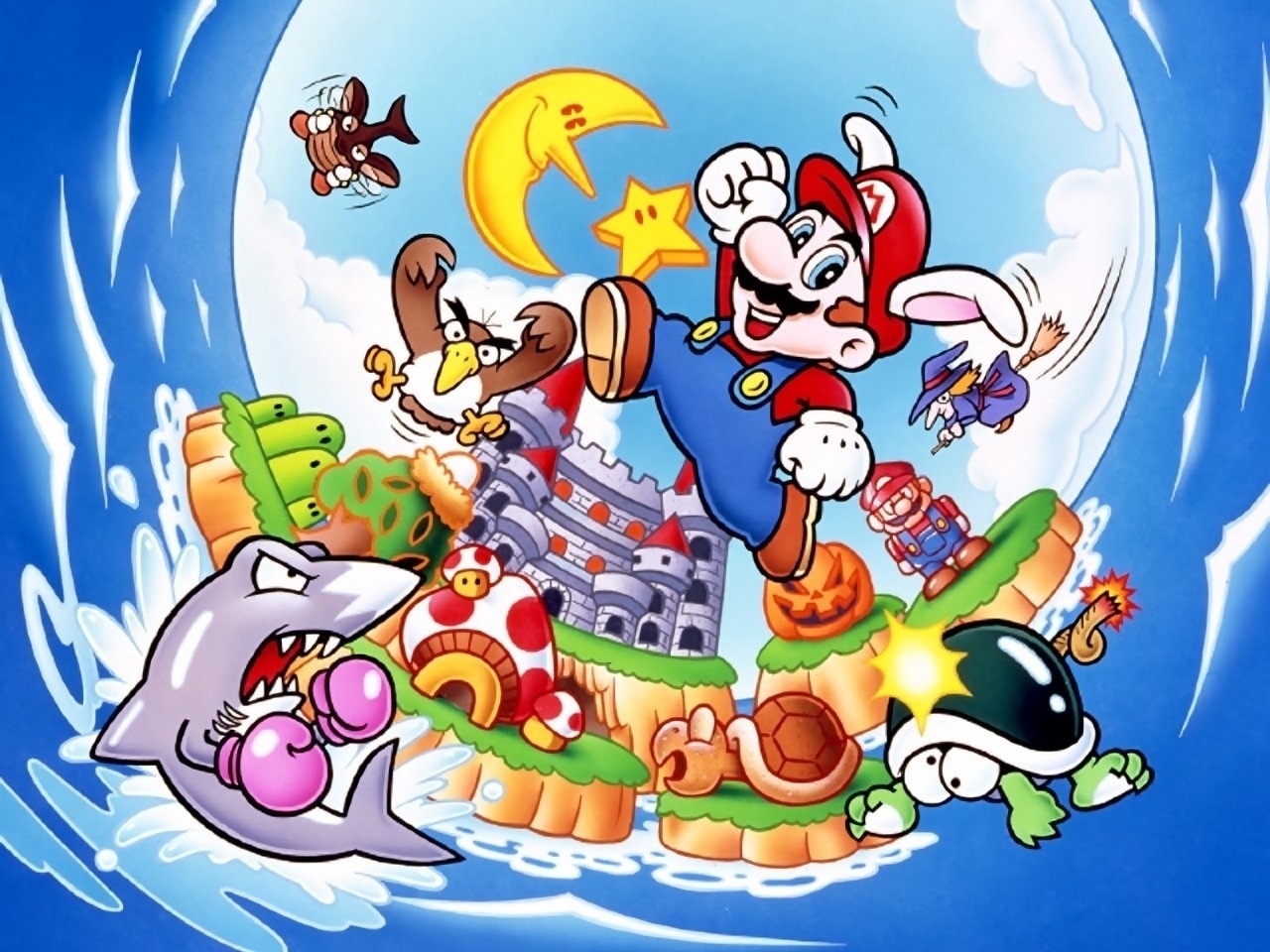 A cartoon character with bunny ears is joyfully jumping in a whimsical world filled with various colorful creatures and a castle in the background.