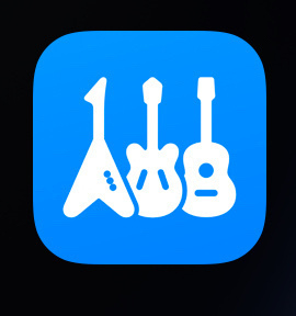 Three white guitar-like icons are depicted on a blue square background.