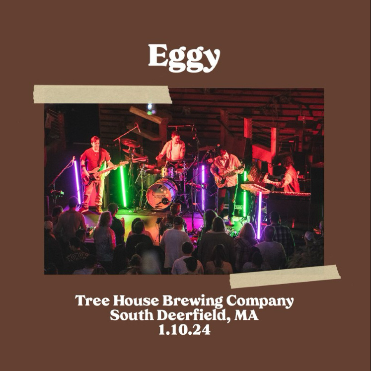 Eggy is performing on stage with colorful lighting at Tree House Brewing Company in South Deerfield, MA, on January 10, 2024.