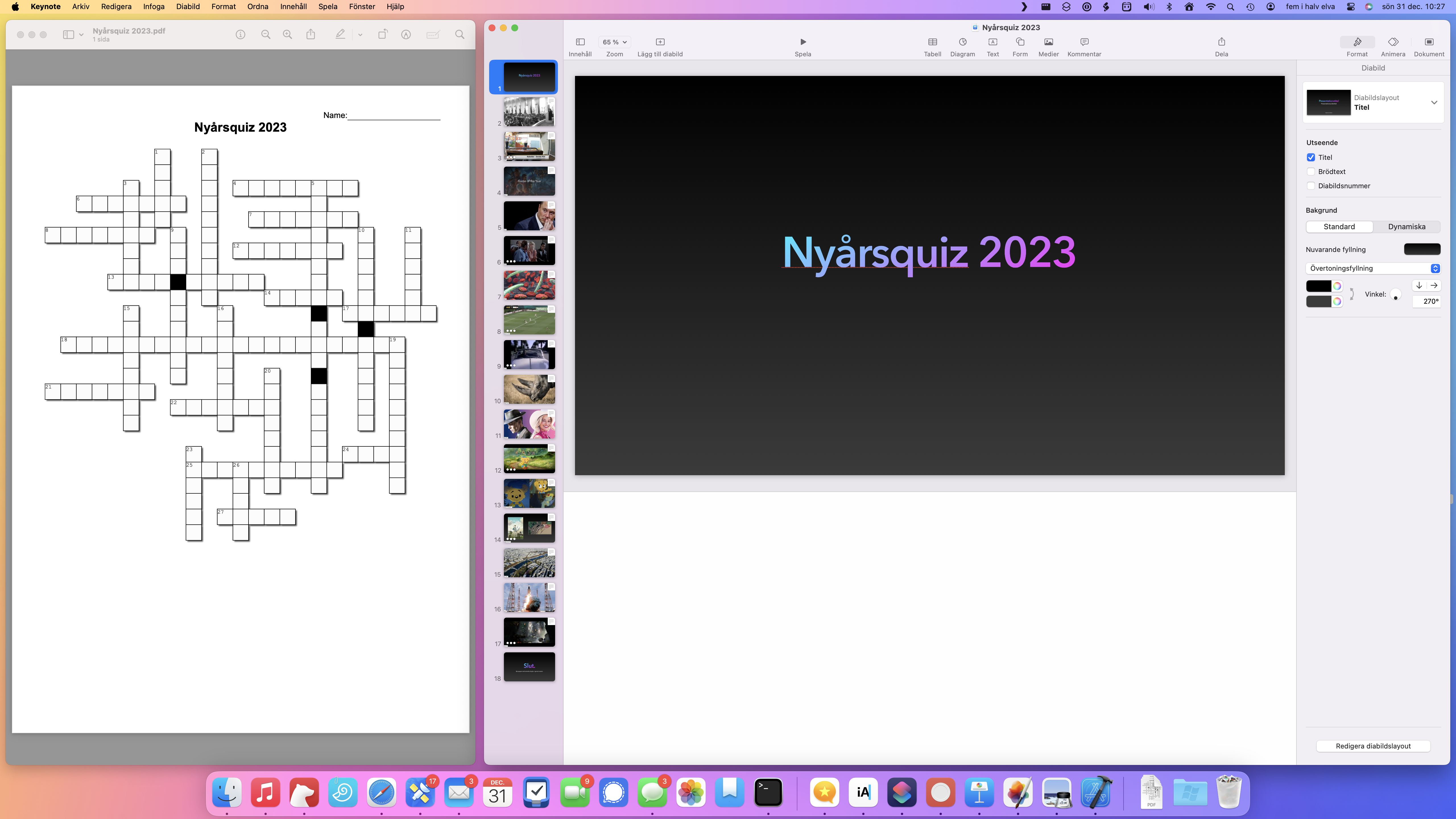Skärmavbild av två fönster, sida vid sida. Ett innehållandes ett tomt korsord och ett fönster med Keynote och texten ”Nyårsquiz 2023”.