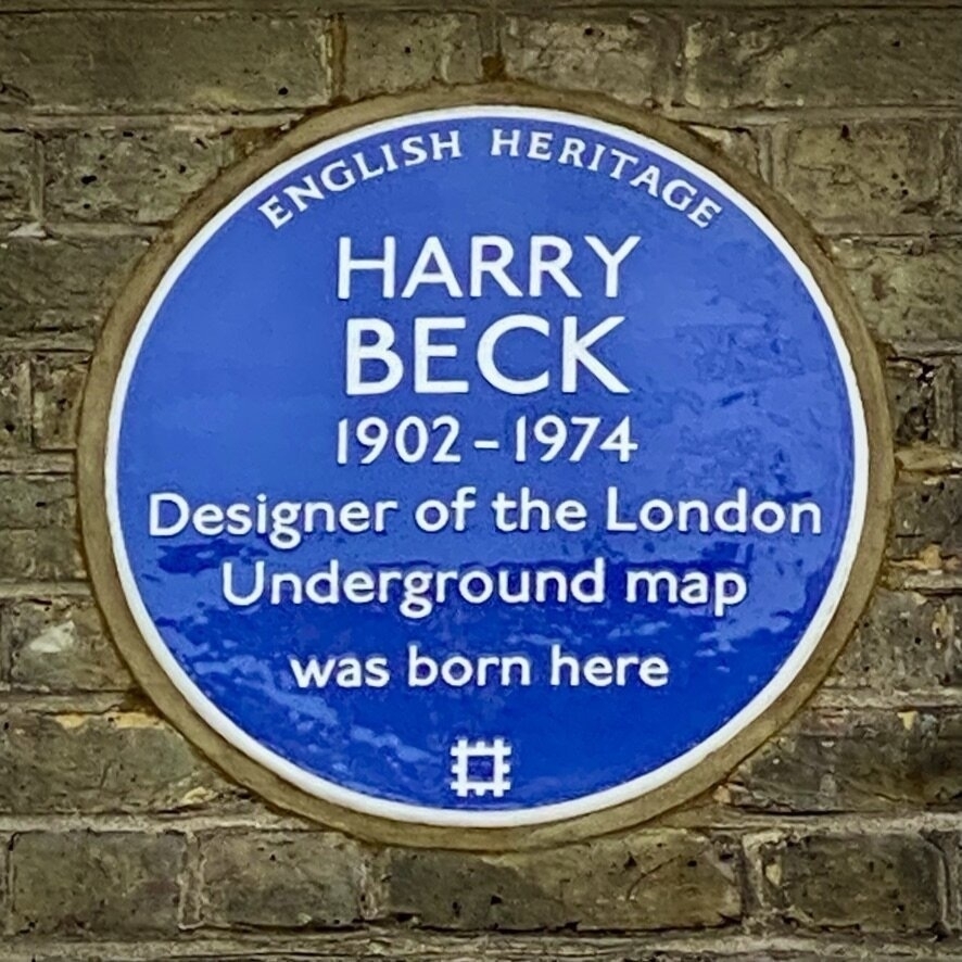 Harry Beck’s blue plaque. It says “Harry Beck, 1902–1974, Designer of the London Underground map, was born here”.