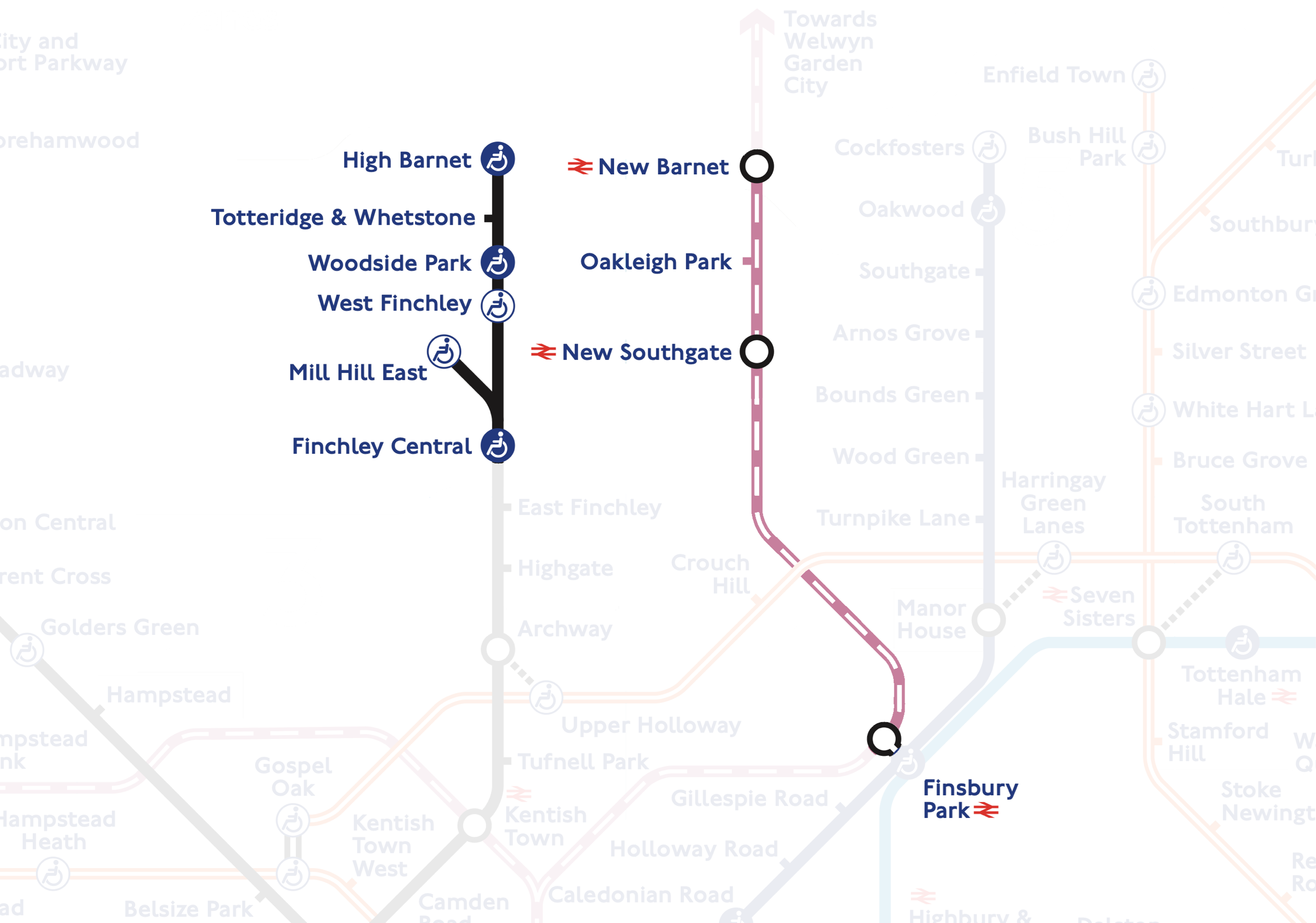 The Mill Hill East and High Barnet branches of the Northern line and the Thameslink from New Barnet to Finsbury Park