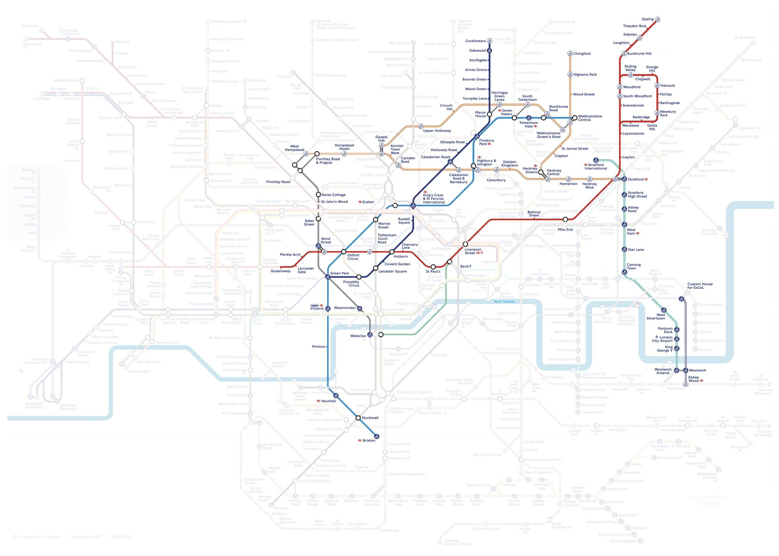 My progress map with the waterloo and city line and little bits of the Jubilee and Overground lines now coloured in.