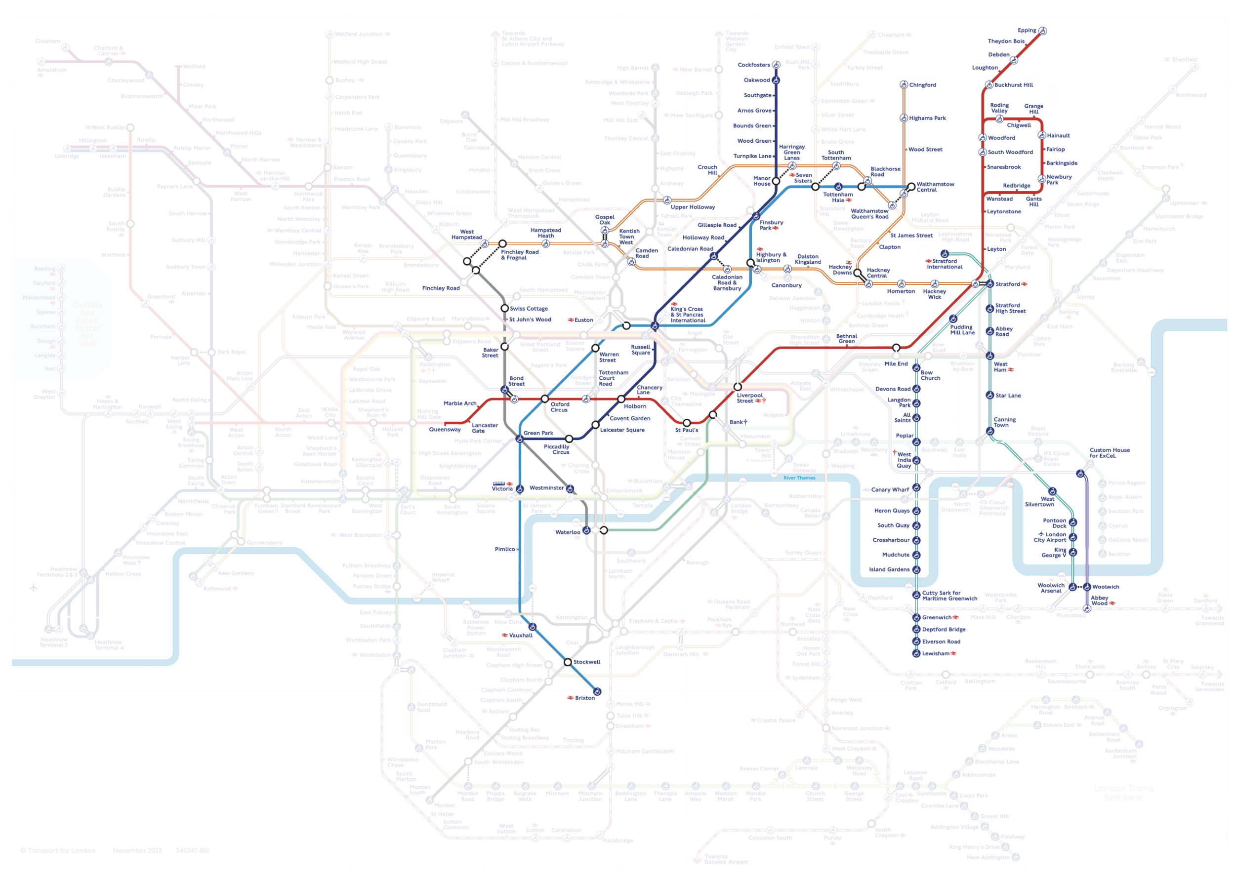 A map of the Transport for London network showing the parts that I have walked. 