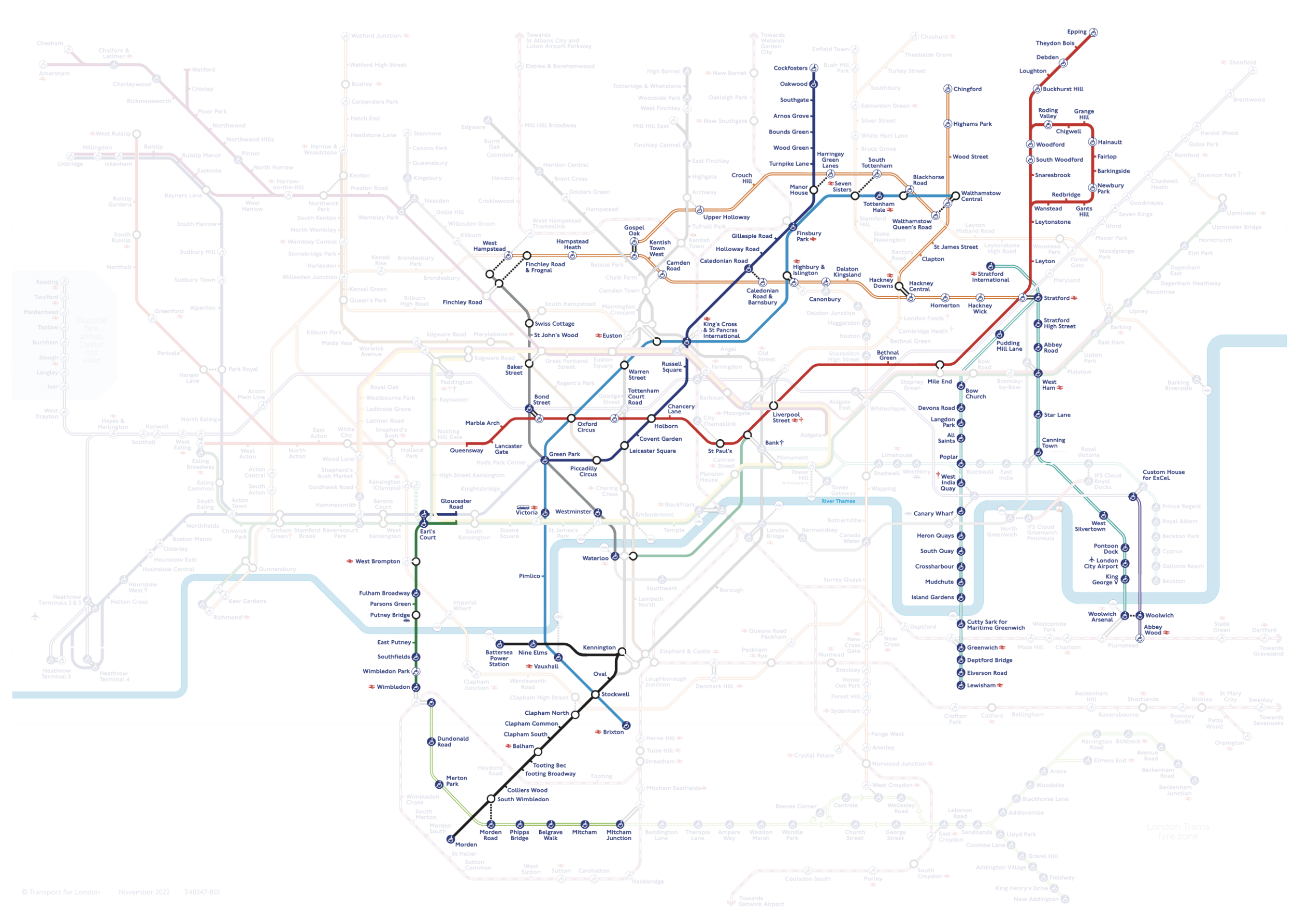 My London transport map showing that the areas that I've walked are slowly spreading across London