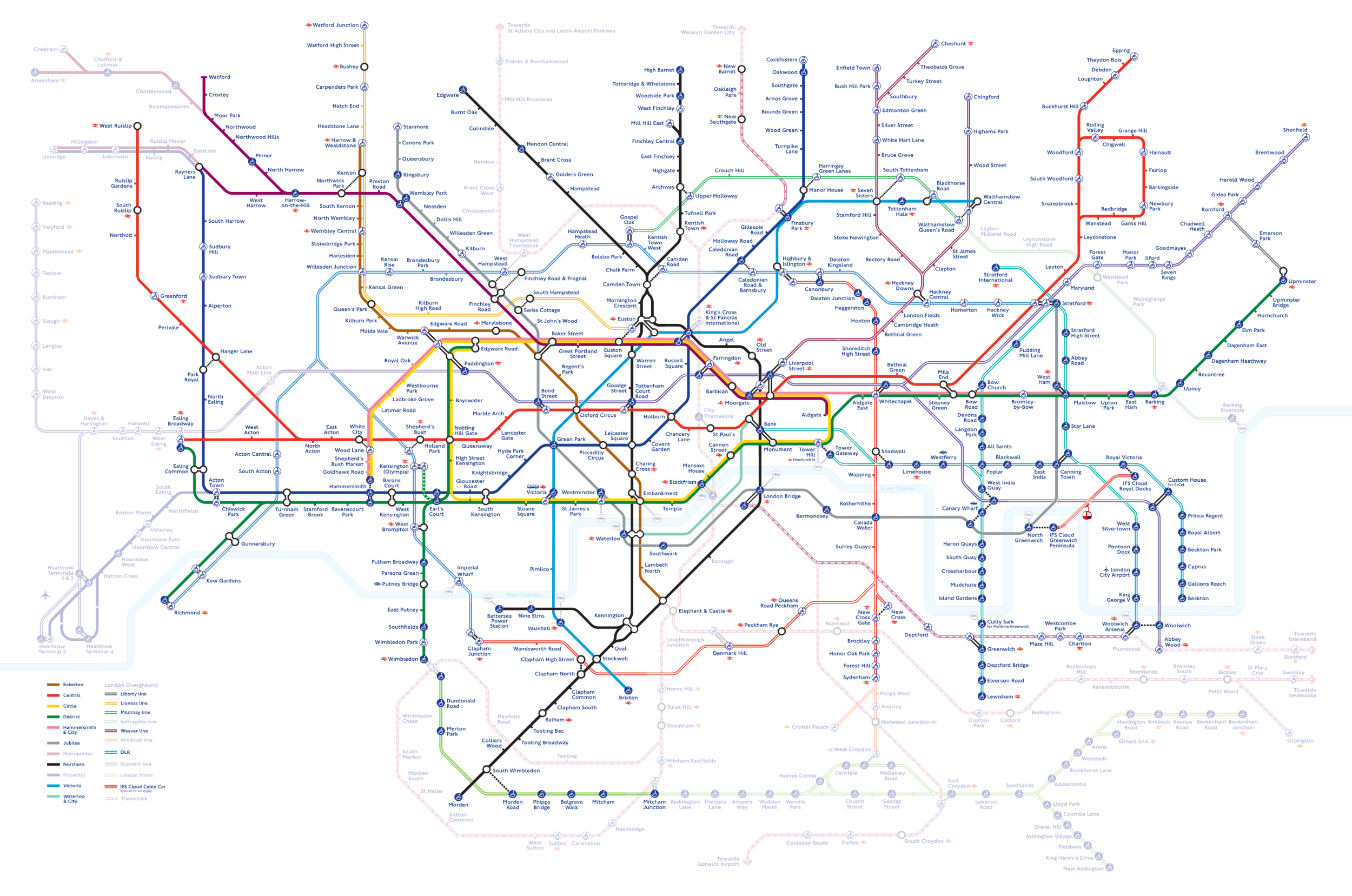 A map showing the parts of the TfL map that I have walked.
