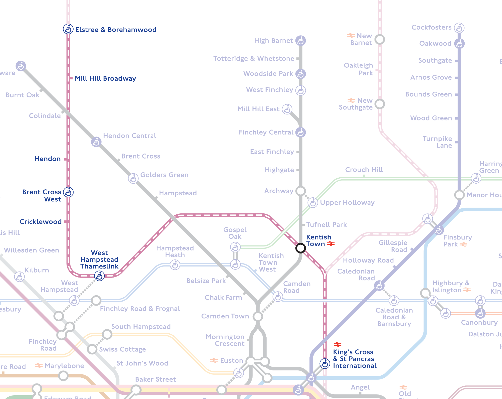 From Elstree and Borehamwood in the north of the map, down to Kings Cross St Pancras