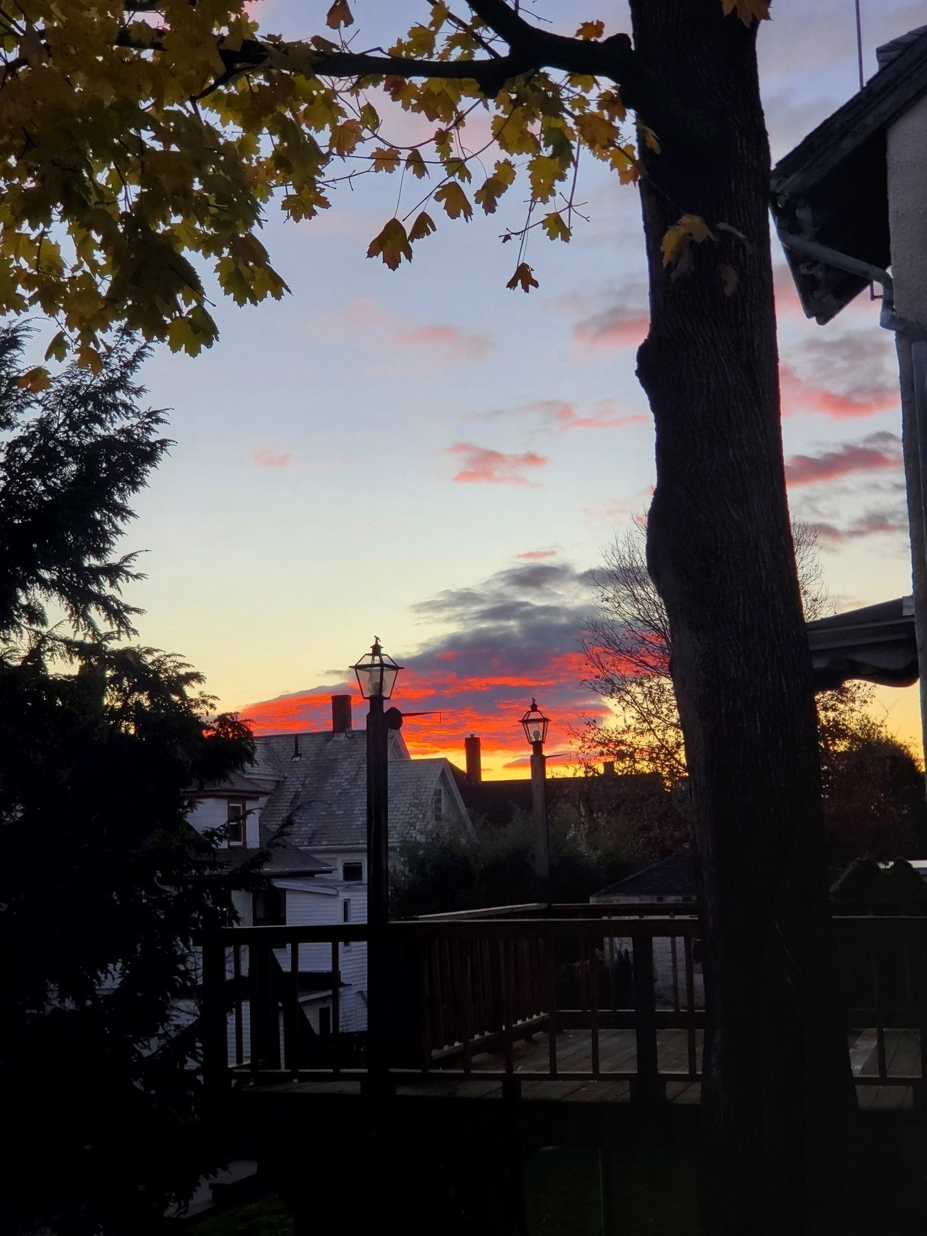 View of the sky and neighbor's roofs from a small-town/suburban back porch:  The sun is not yet risen, and streaky clouds are glowing red-pink on their underside in anticipation.