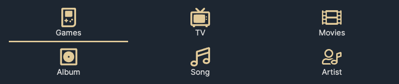 A screenshot showing a grid of icons: games, tv, music, album, song, and artist.