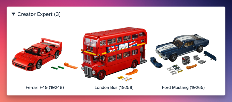 A gallery of three Lego vehicles. A Ferrari, a London bus, and a Mustang
